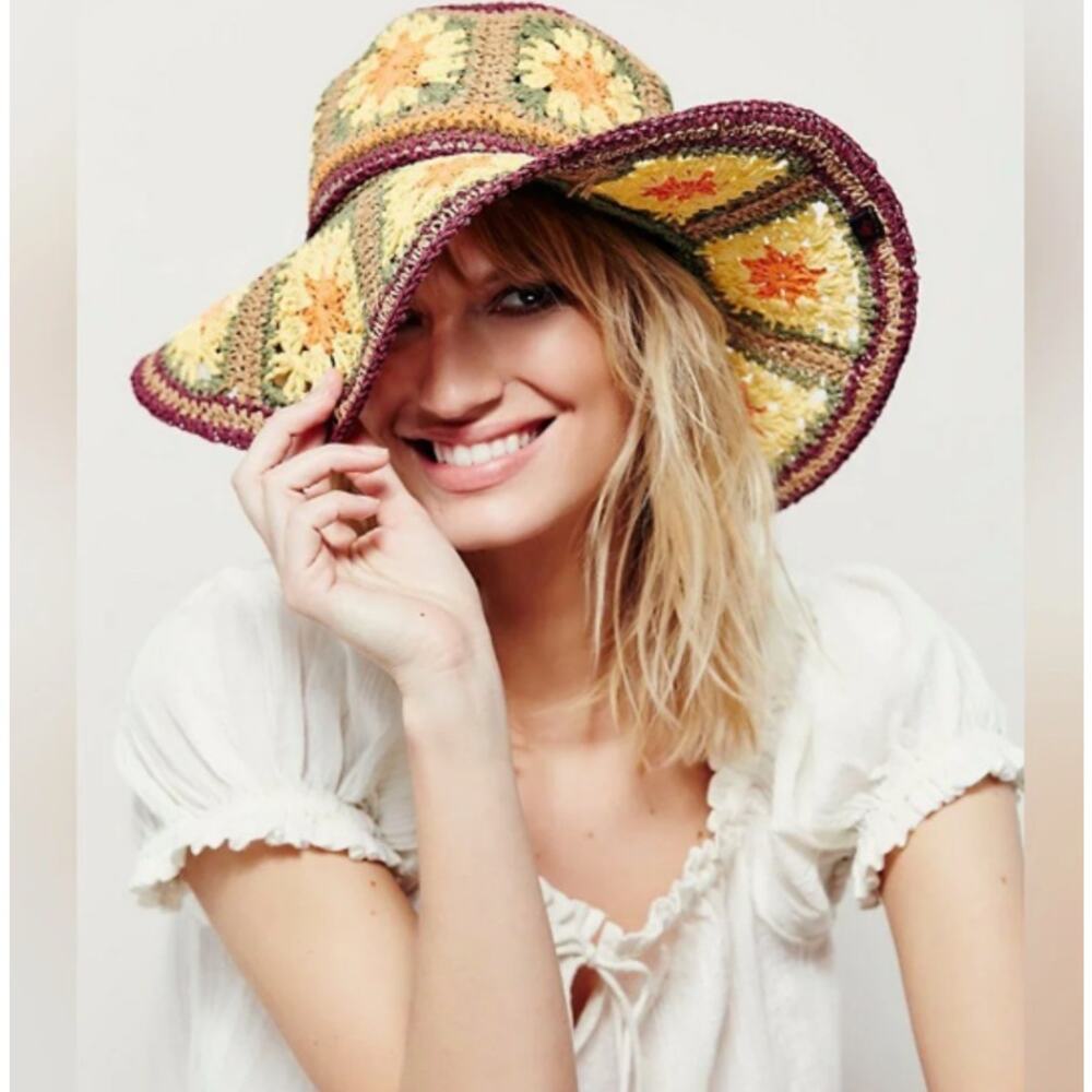 ANTHROPOLOGIE x PETER GRIMM Pura Vida Crochet Granny Square Sun Hat - Picture 2 of 5